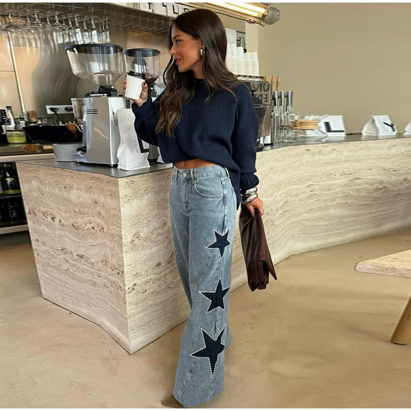Classic Studded Denim Jeans Pant Women's Star Patchwork Baggy Pants Wide Leg  Trendy Streetwear Casual Daily Female Trousers