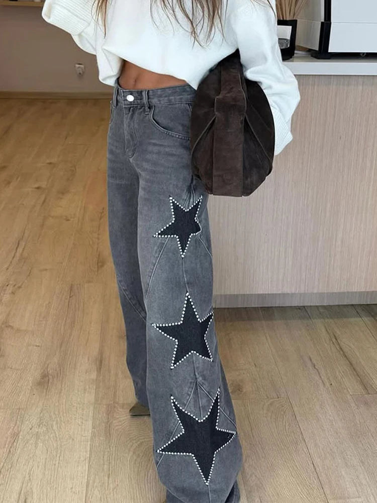 Classic Studded Denim Jeans Pant Women's Star Patchwork Baggy Pants Wide Leg  Trendy Streetwear Casual Daily Female Trousers