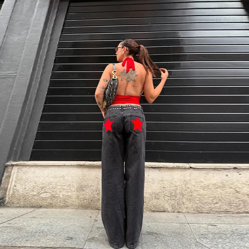 Classic Studded Denim Jeans Pant Women's Star Patchwork Baggy Pants Wide Leg  Trendy Streetwear Casual Daily Female Trousers