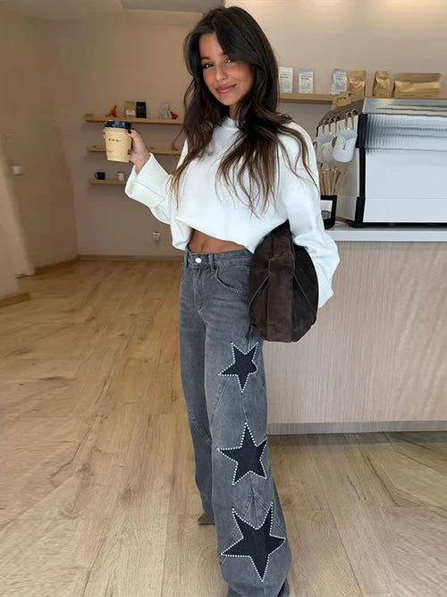 Classic Studded Denim Jeans Pant Women's Star Patchwork Baggy Pants Wide Leg  Trendy Streetwear Casual Daily Female Trousers