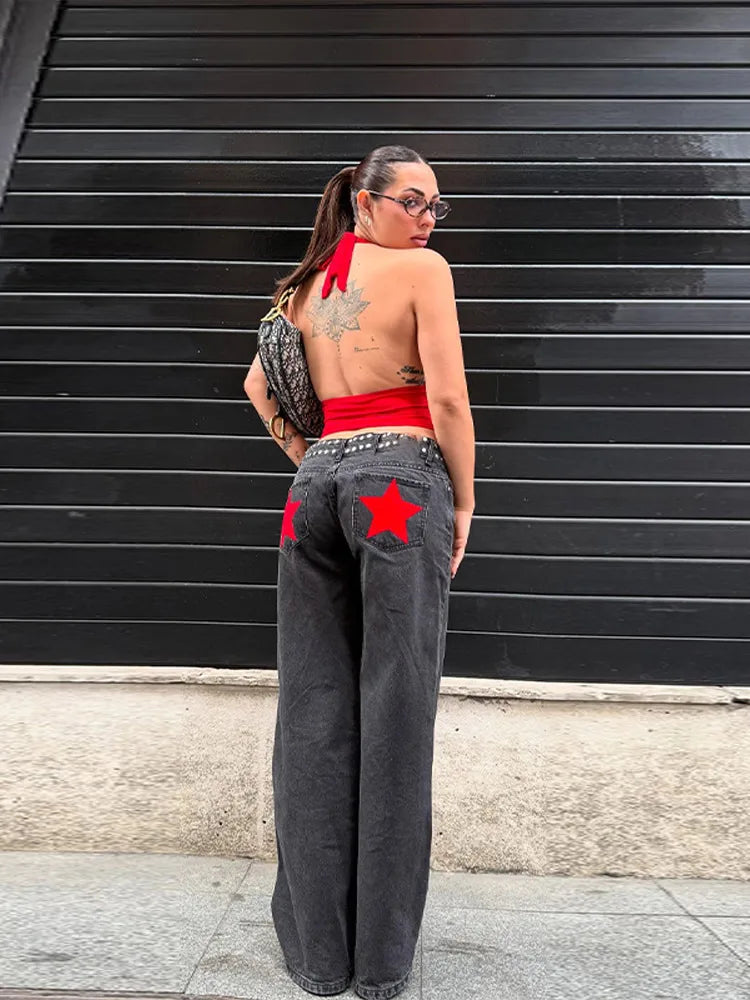 Classic Studded Denim Jeans Pant Women's Star Patchwork Baggy Pants Wide Leg  Trendy Streetwear Casual Daily Female Trousers