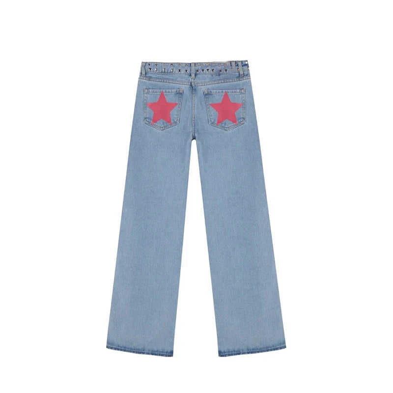 Classic Studded Denim Jeans Pant Women's Star Patchwork Baggy Pants Wide Leg  Trendy Streetwear Casual Daily Female Trousers