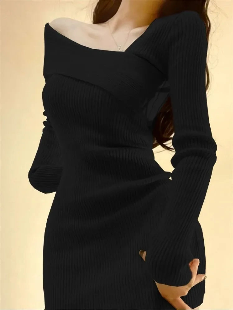 Summer Women Long Sleeve Dress Slim Knitting Female Clothes Streetwear Vacation Casual Soft Sweet Sexy Korea Fashion Dress